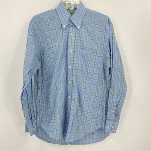 J McLaughlin Blue Green Plaid Dress Shirt Button Down Collar Contrast Cuff Sz S